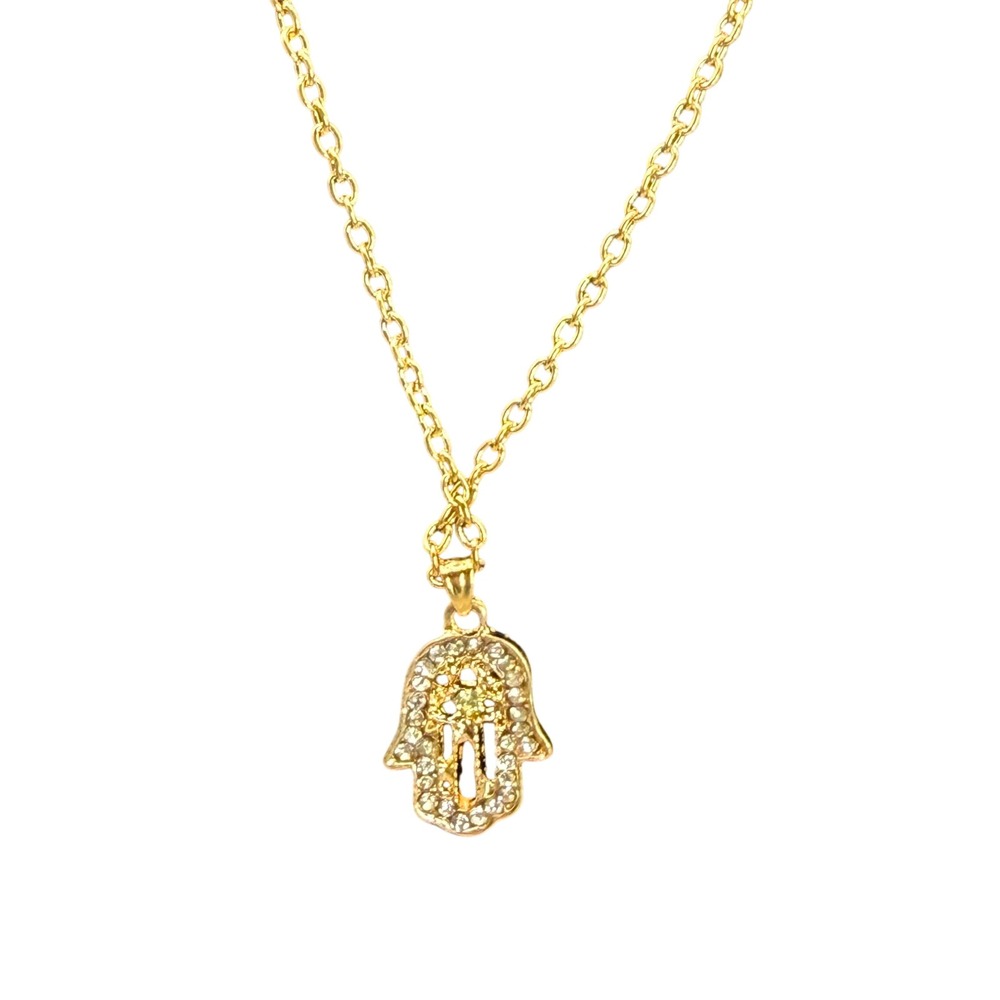 Gold Hamsa Hand Pendant Necklace Rhinestone Hand of Fatima Adjustable 18-20in
